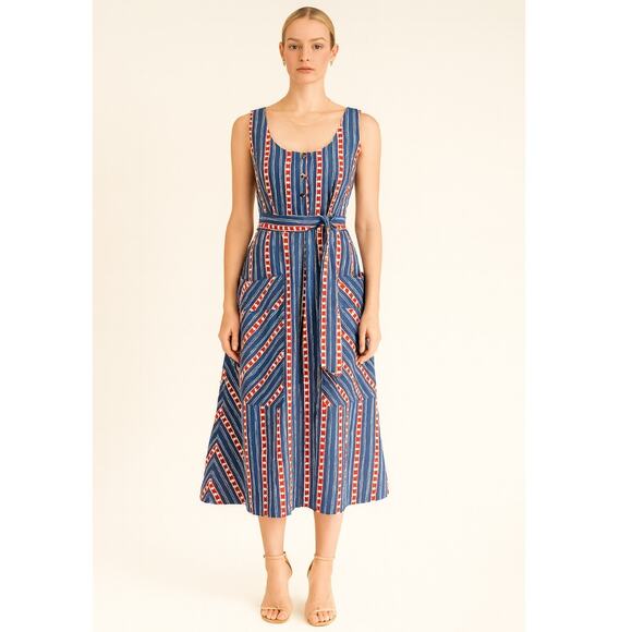 LHD Striped Poplin Midi Dress 2 Blue Red NEW - Picture 1 of 9